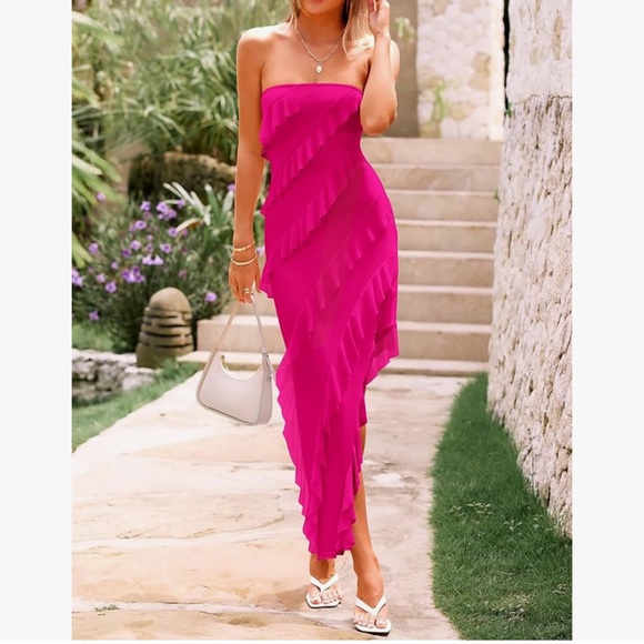 PRETTYGARDEN Womens Strapless Tube Asymmetrical Ruffle Maxi Bodycon Dress - Picture 2 of 6